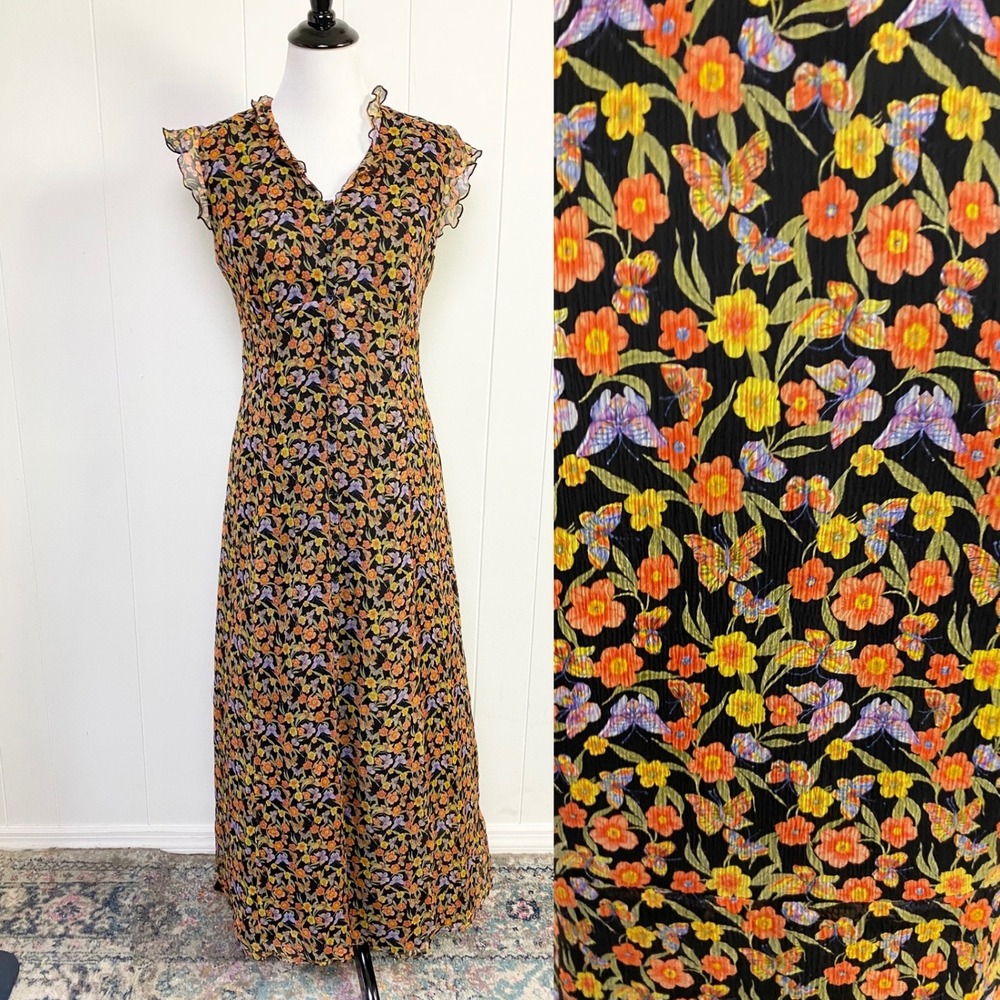 VTG 90s Spenser Jeremy Sz. 6 Silk Floral Butterfly Maxi Dress Black Orange